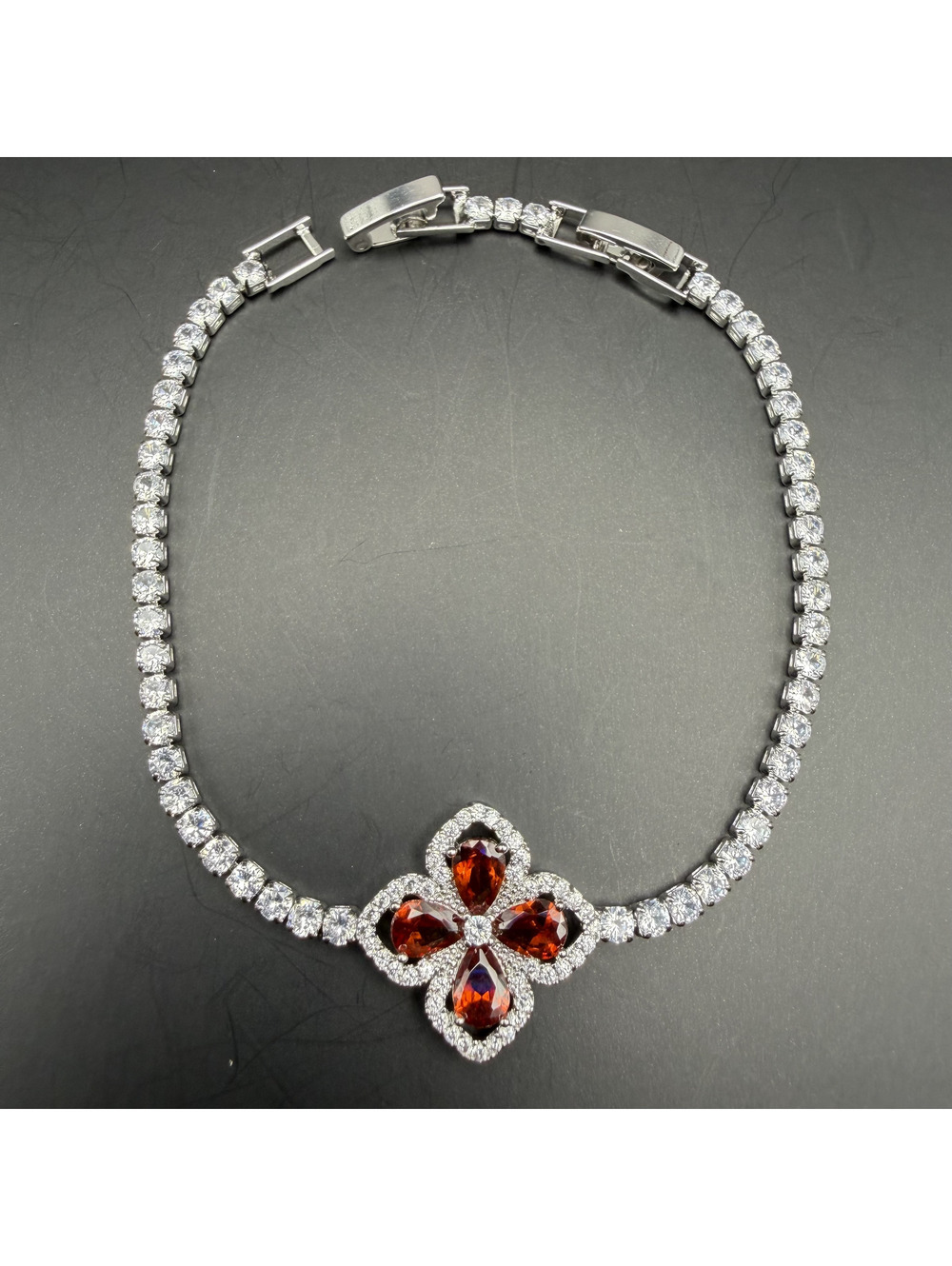 candy+clover burnt orange clover crystal silver tone tennis bracelet